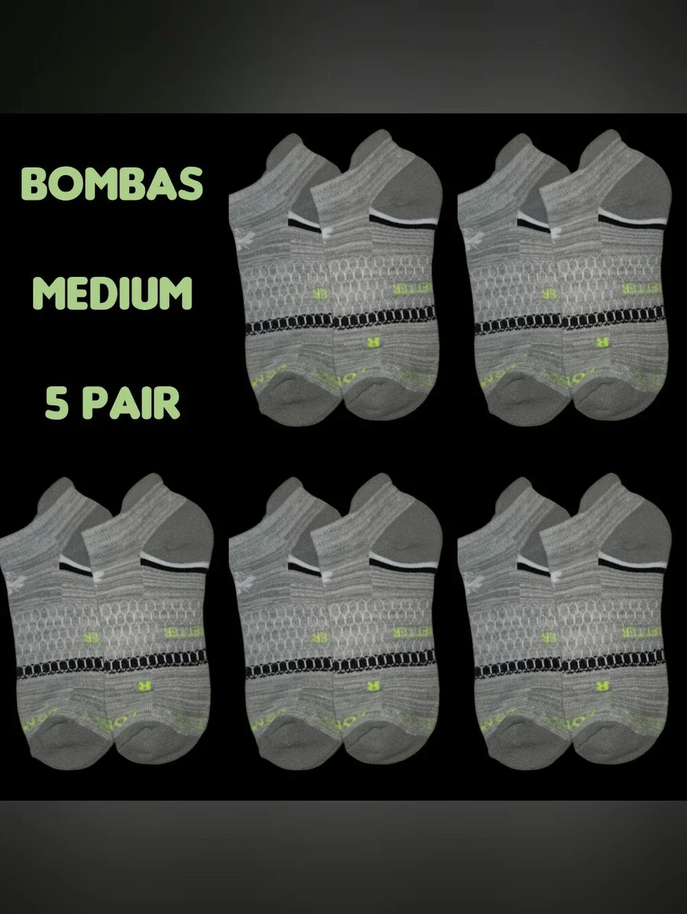 Bombas Medium Ankle Socks Gray Black 5 Pair BNWT Unisex Honeycomb Arch Sup